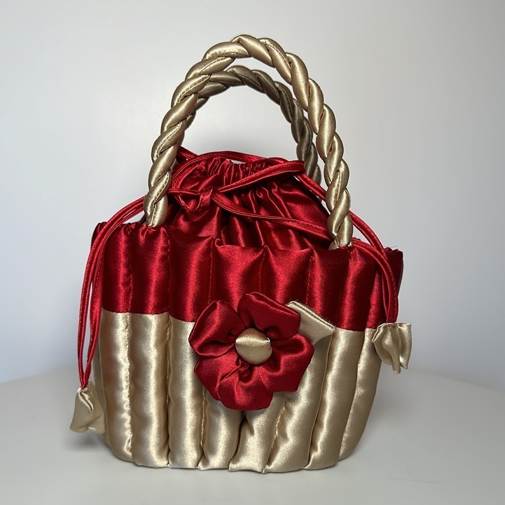 80s SATIN FLOWER BASKET cupcake purse twisted handle tie top bridal flower girl